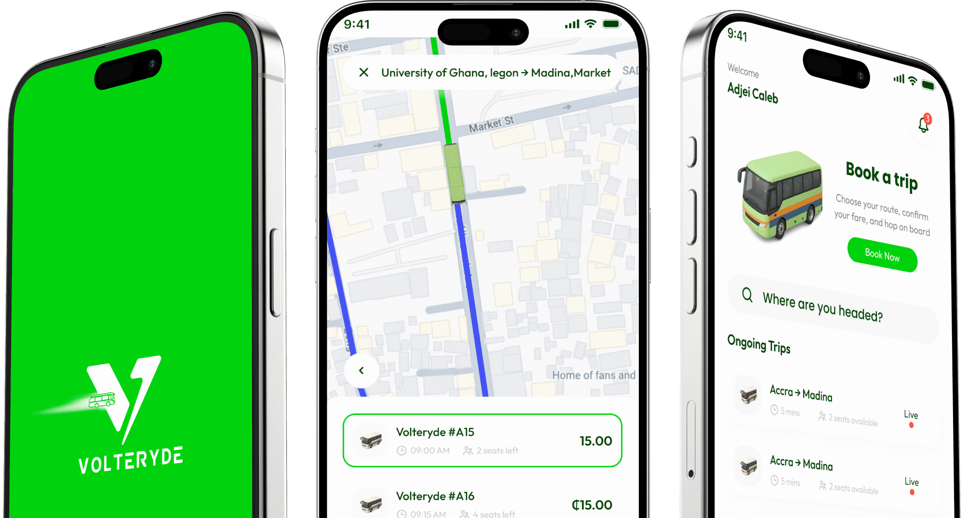 Volteryde App interface on multiple phones